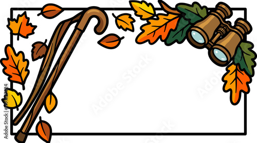 Autumnal border with a walking stick, binoculars, and falling oak leaves.