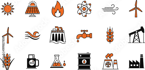 Illustrations of various renewable and non renewable energy sources and resources Vector