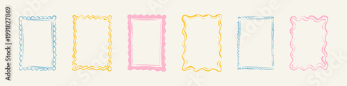 Scallop crayon doodle hand drawn rectangle frame set. Serrated zigzag border. Cute girly postage stamp. Whimsical kid pencil text box, photo frame, colored block. Wedding, birthday invitation design