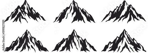 Professional set of black mountain silhouettes with high peaks for outdoor adventure and travel concept vector