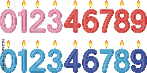 Colorful birthday number candles set from zero to nine in bubble style with flames isolated on clean white background