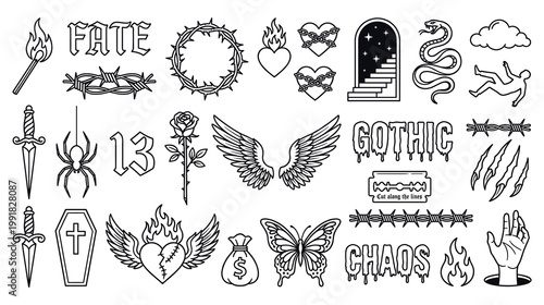 Gothic tattoo flash set with line art occult and street style icons.