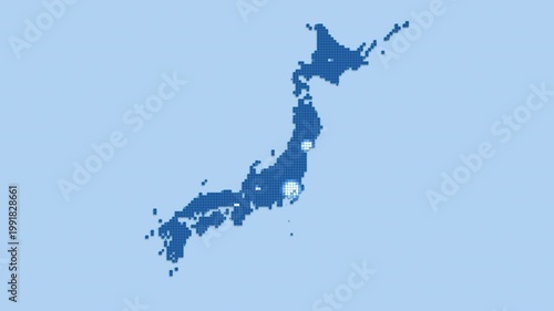 放射状に広がって色が変化していく青い日本地図（正方形グリッド・上面）