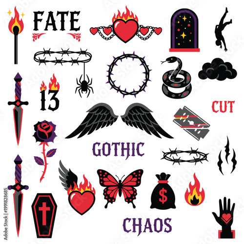 Dark aesthetic tattoo stickers with red and purple color accents set.