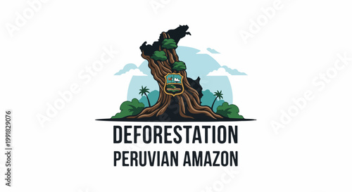 A stylized tree trunk forms the shape of a country, with lush greenery and clouds