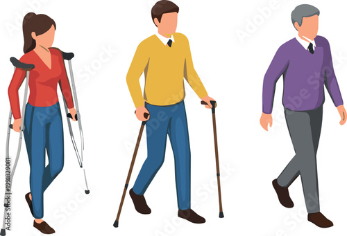 People walking with crutches and cane rehabilitation recovery support mobility disability flat vector illustration isolated characters