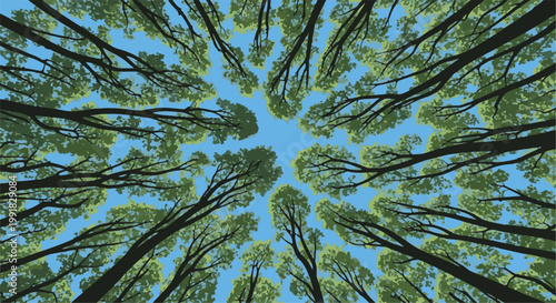 A stylized view from below looking up at a canopy of green trees against a bright blue sky