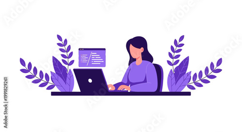 woman working on laptop with purple leaves.