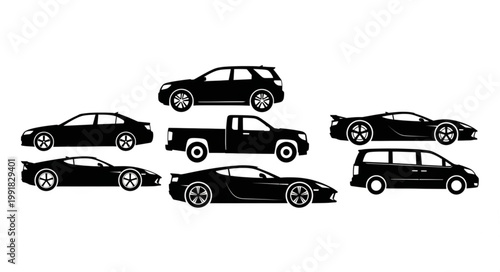 Collection of Silhouetted Vehicles Including Cars Trucks and Vans.