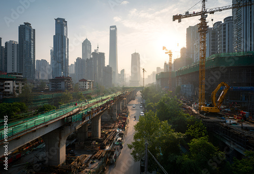 Urban Landscape with River, Bridge, and Construction Cranes at Sunset.