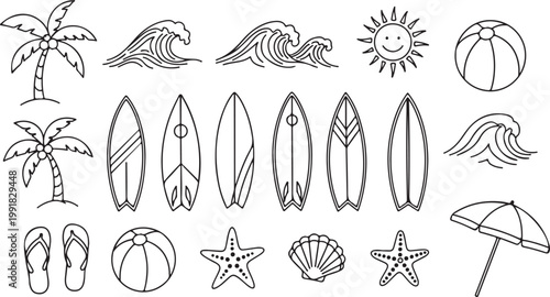 Summer Beach and Surfing Vector Icon Set - Black Line Art on White