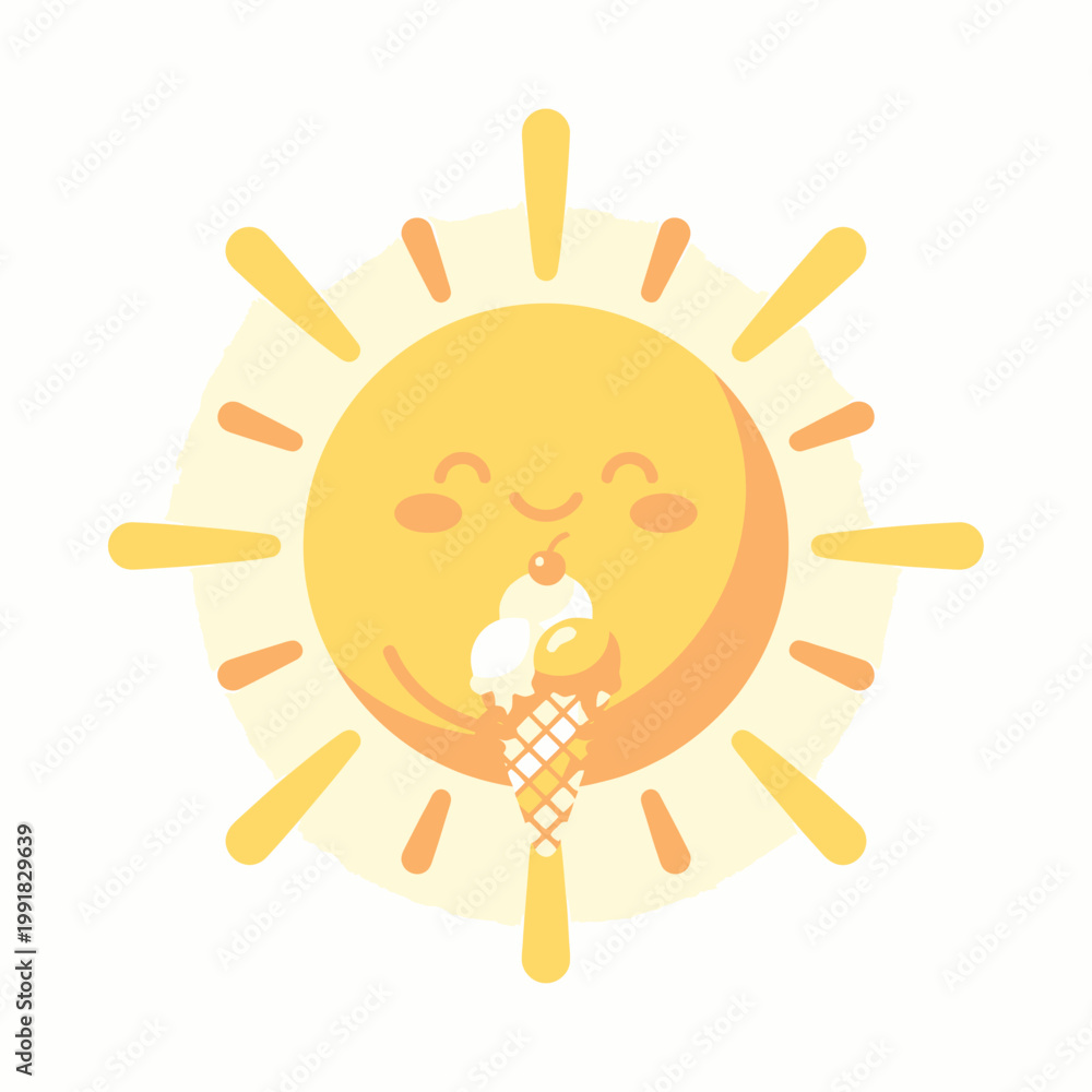 Fototapeta premium Cute Kawaii Sun Character Holding Ice Cream Cone Summer Illustration