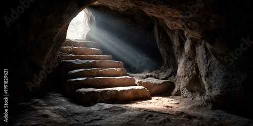 Light at the End of the Tunnel - Stone Steps Leading Upwards from a Dark Cave.