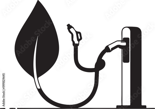 An eco-friendly charging station icon featuring a charging cable that transforms into a large leaf, representing sustainable electric power.