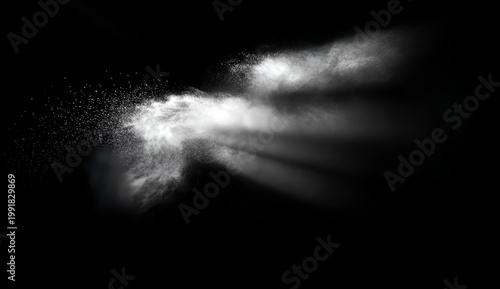 Abstract white powder explosion on a dark black background.