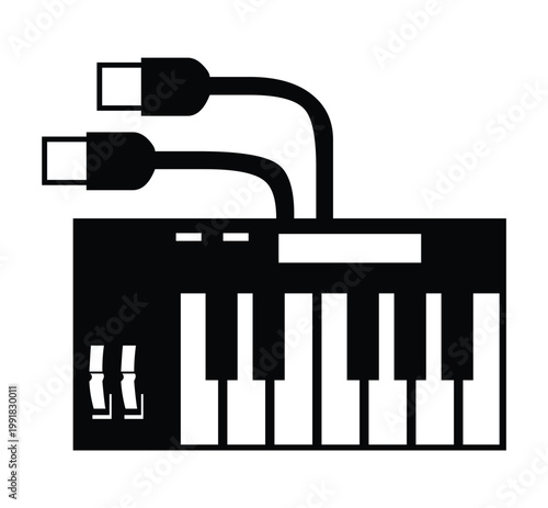 Minimalist MIDI Keyboard Controller Icon with USB Cables for Music Production