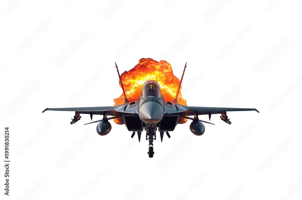 Naklejka premium Fighter jet airplane with spectacular explosion, transparent background