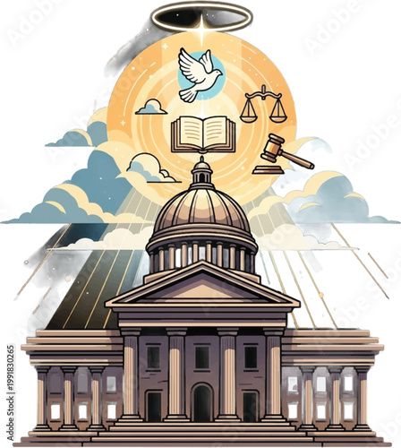 Government building, law, justice, scales, book, dove, symbolic illustration