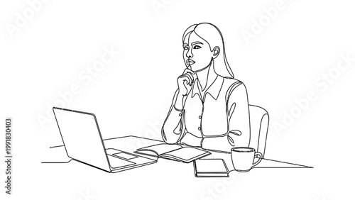 Continuous line drawing of a woman working at a desk with a laptop.