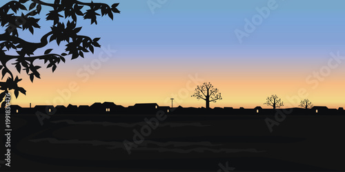 A beautiful sunset over a village and houses with illuminated windows. Beautiful colors of the sky at sunset. Hand-drawn vector illustration.