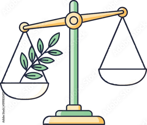 Eco friendly balance scale, green leafy branch, nature versus empty plate, sustainability symbol, vector illustration