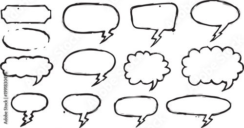 A versatile collection of 14 hand-drawn vector speech bubbles and thought clouds. Featuring an organic, sketchy aesthetic with various shapes, including oval, rectangular, and scalloped edges.