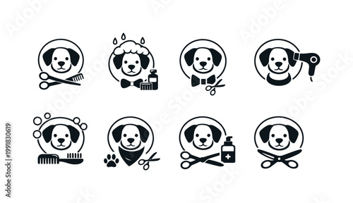 Collection of barber studio logos featuring grooming tools and male silhouette