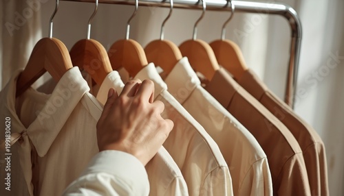 A hand carefully chooses a clean white shirt from a well-organized clothing rack, illustrating thoughtful wardrobe selection, personal style, and daily outfit planning