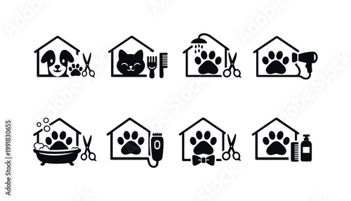 Collection of barber pole icons with various styling tools and symbols