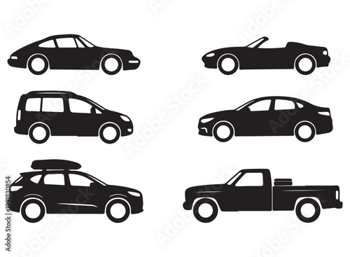 Black car silhouette icons set, 6 vehicle vector illustrations including sedan, suv, pickup truck, and sports car, automotive transport symbols