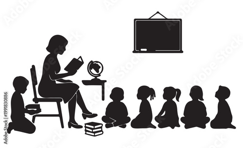 Black silhouette of teacher reading to students in classroom, primary school education vector, kindergarten teacher with children sitting on floor