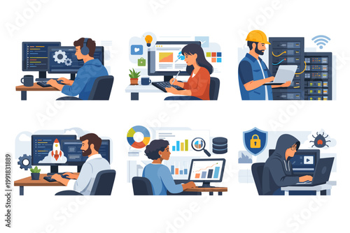 Set of IT professions illustrations featuring software developers, web designers, data analysts, system administrators, and cybersecurity experts working on computers in modern office environments.