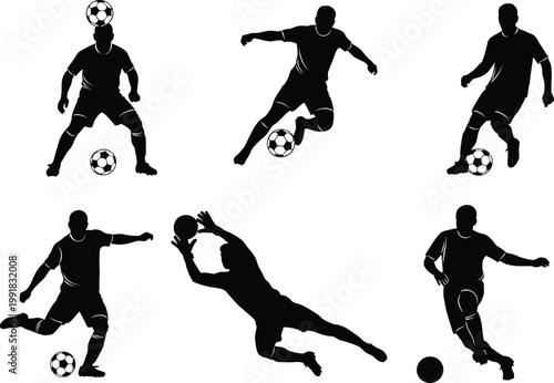 Six fundamental soccer ball control techniques by a player in action silhouettes Vector