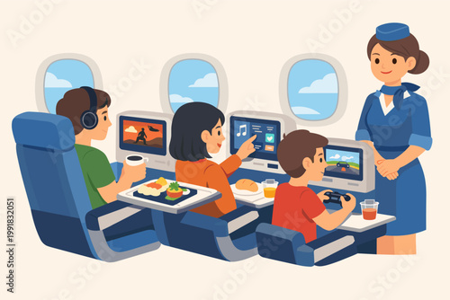 Three airplane passengers enjoy inflight entertainment services including movies, music, and gaming while a flight attendant stands nearby in a modern cabin with food and drinks on tray tables.
