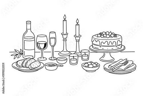 Festive dinner table setting vector illustration featuring wine bottle, glasses, lit candles, berry cake on a stand, sliced bread, and plates with cutlery. Minimalist black and white line art.
