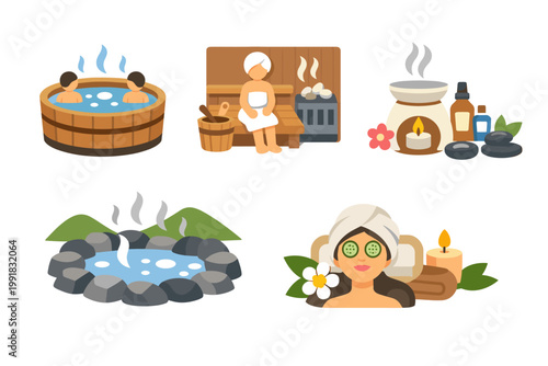 Spa and Wellness Vector Icon Set with Hot Tub, Sauna, Aromatherapy Oil Burner, Natural Hot Springs, and Facial Treatment with Cucumber Mask for Relaxation, Beauty, and Holistic Health Services.