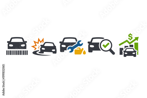 Vehicle History Icons Set for VIN Check, Car Accident Report, Auto Service Maintenance, Technical Inspection, and Market Price Evaluation, Simple Flat Vector Illustration for Automotive Services.