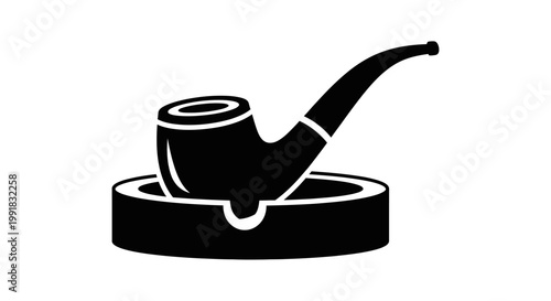 Black silhouette icon of a classic smoking tobacco pipe resting in a round ashtray.