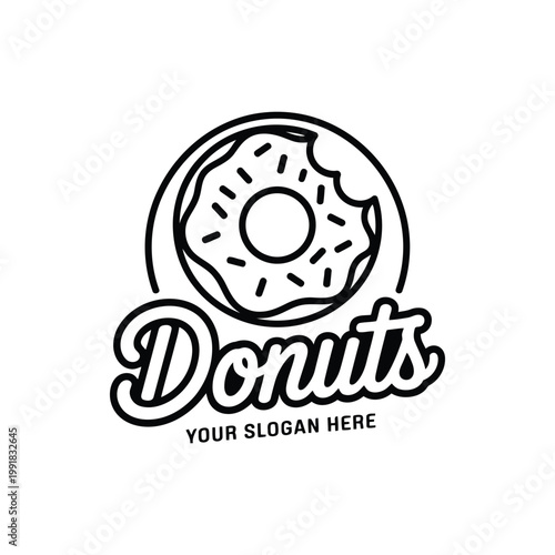 Donut shop logo design with bitten dough and sprinkles outline symbol.