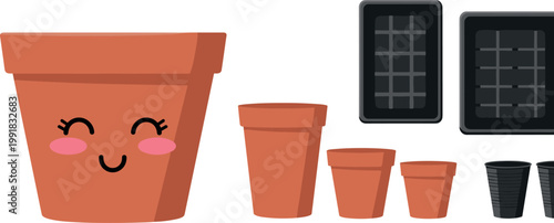 Cute Cartoon Flower Pots and Plant Trays Set, Kawaii Gardening Tools with Happy Faces
