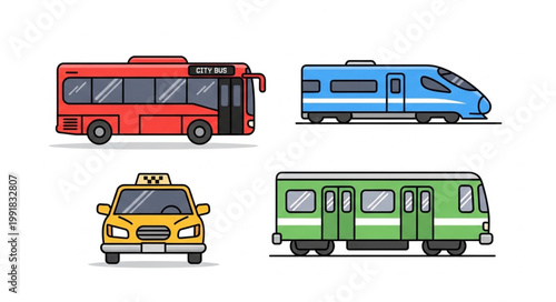Collection of diverse public transportation vehicles for urban commuting.