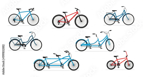 Collection of diverse bicycles displayed against a white background.