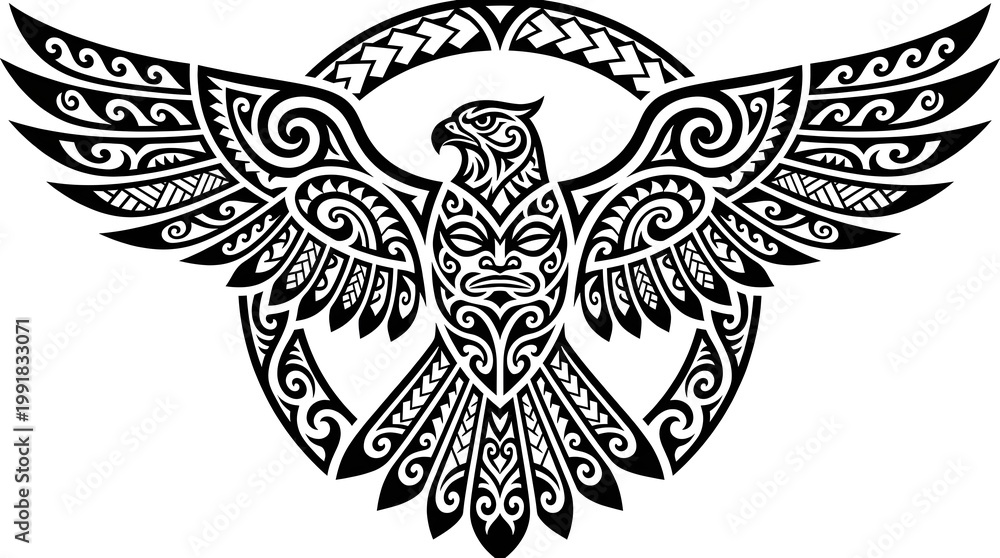 Fototapeta premium Polynesian Tribal Hawk Illustration Flat Black Ink Design