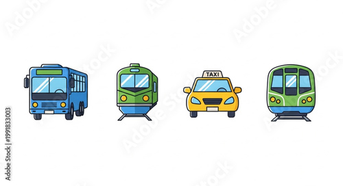 Various modes of transportation including a bus train and taxi.