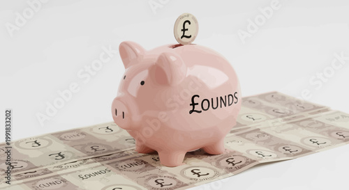 Pink piggy bank, British pounds, money savings, finance icon, vector illustration