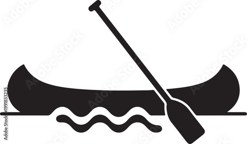 A solid black silhouette icon of a canoe on wavy water with a single paddle leaning against the hull, isolated on a white background.