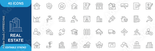 Real Estate Icon Set. Containing Urban Architecture, Building, Skyscraper, Property, Housing, Construction, Residential, Commercial, City and More. Editable Stroke. Vector Illustration