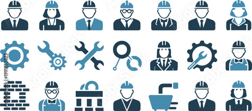 engineer blueprint and tool icons industrial construction vector set