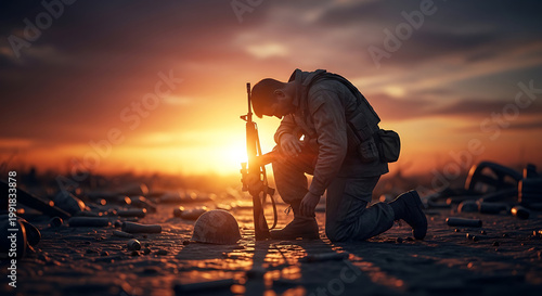 Soldier Kneeling at Sunset: Remembrance & Sacrifice in Times of War