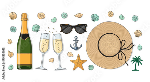 Summer vacation icons, beach party symbols, tropical getaway elements, champagne celebration graphics